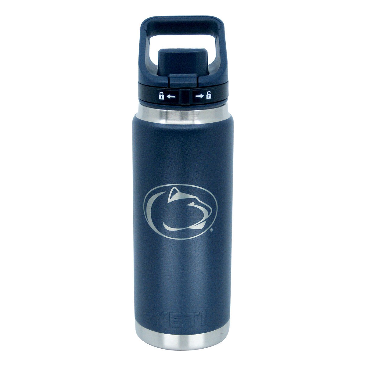 navy Yeti Rambler 26oz bottle with Penn State Athletic Logo and Flip Chug Cap